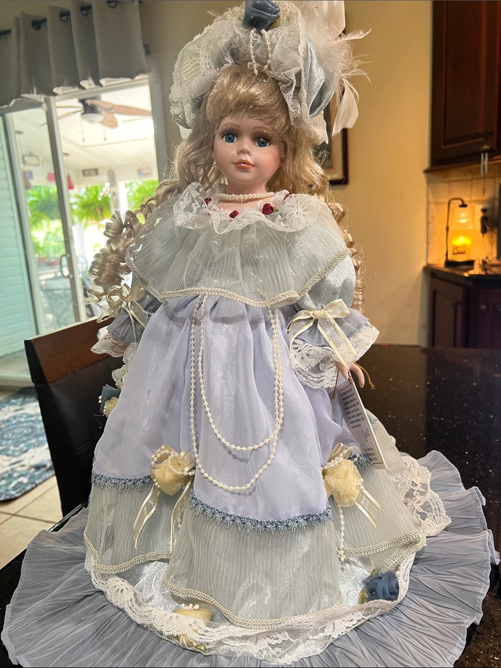 Victorian-Style Porcelain Doll in Light Lavender and Cream